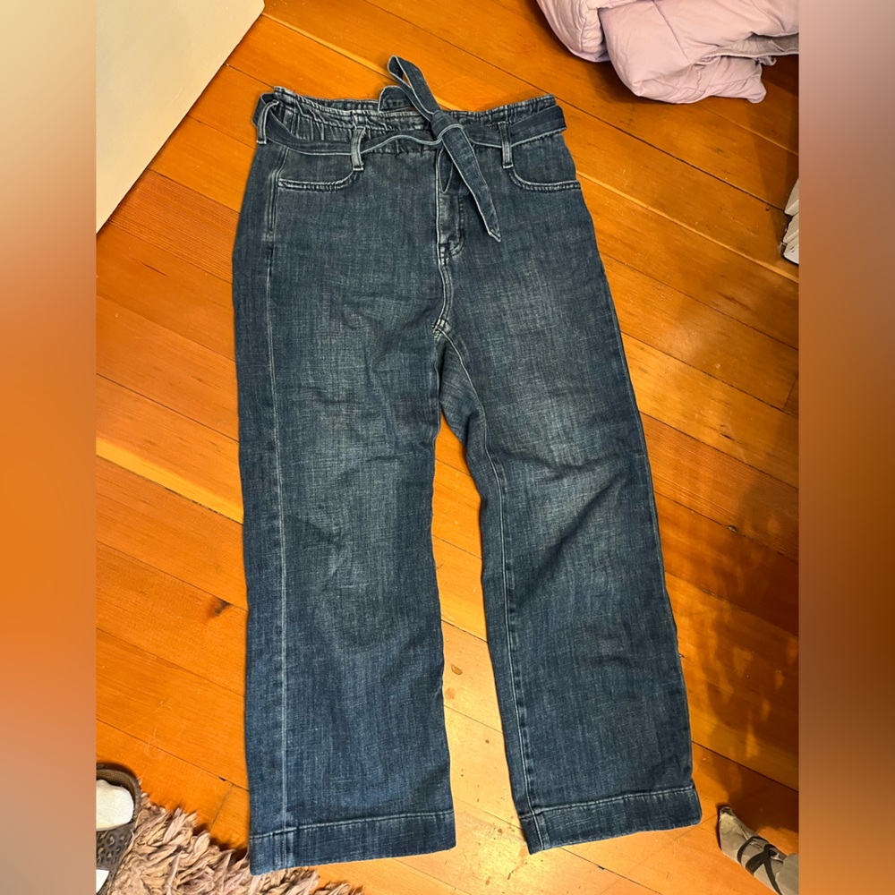 J. Crew Indigo cropped belted flare jeans